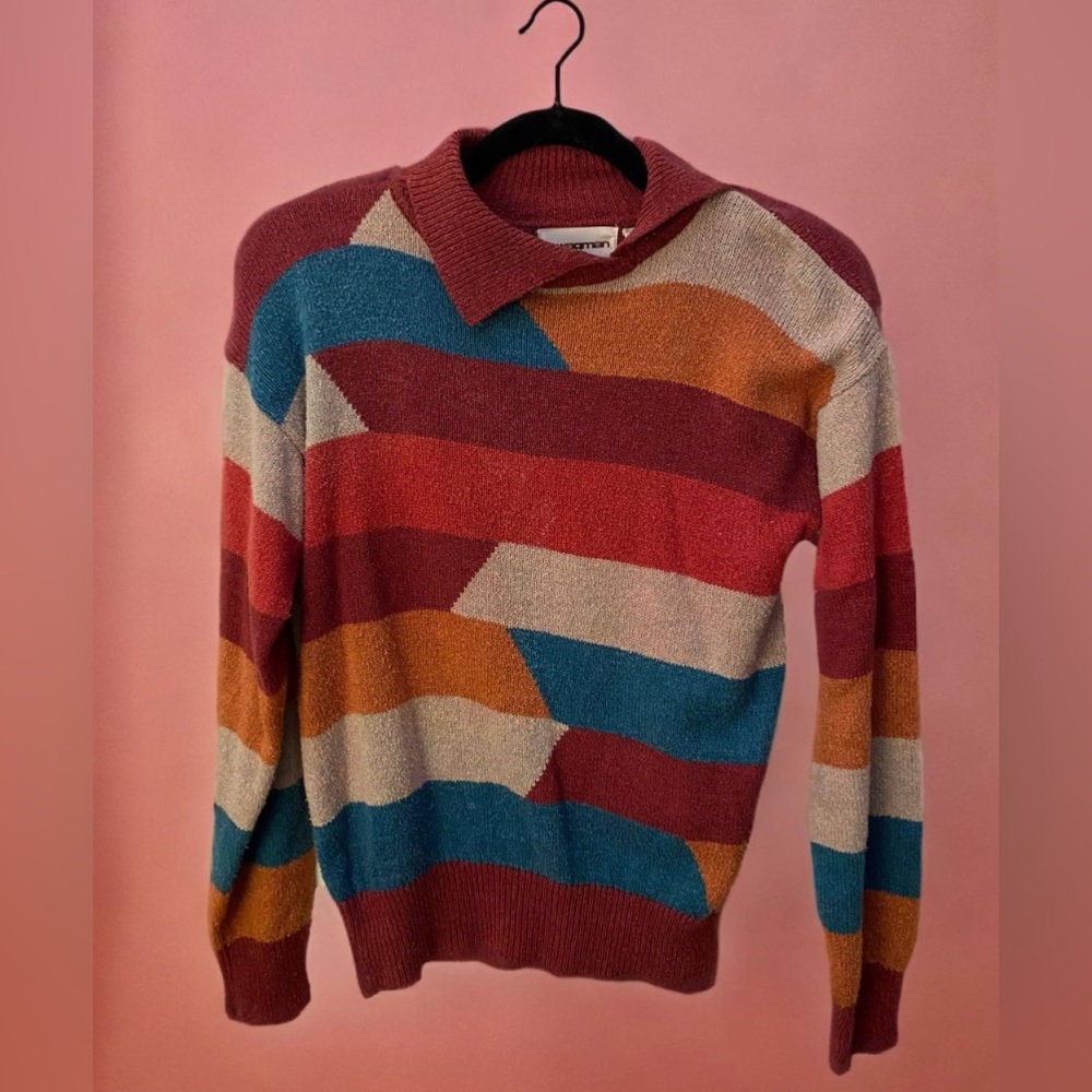 Vintage 70s Colorful Geometric Colorblock Asymmetrical Collar Knit Sweater